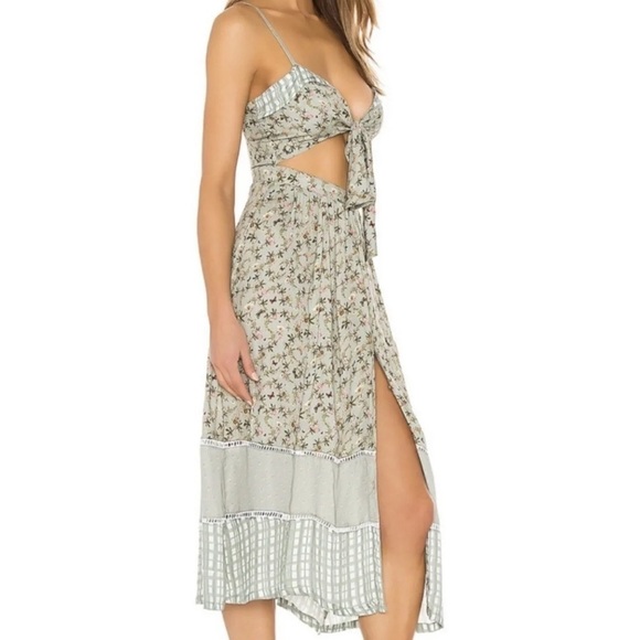 Agua Bendita Karen Midi Long Dress Seagreen Geen Floral Button Front Slit S - Picture 2 of 12